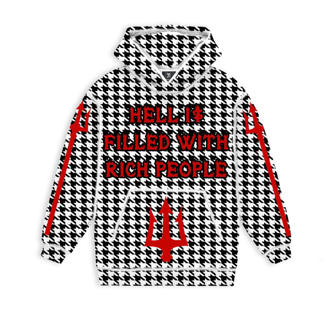 NOVEMBER REINE "HELL I$ FILLED WITH RICH PEOPLE" LUXURY HEAVYWEIGHT HOODIE HOUNDSTOOTH