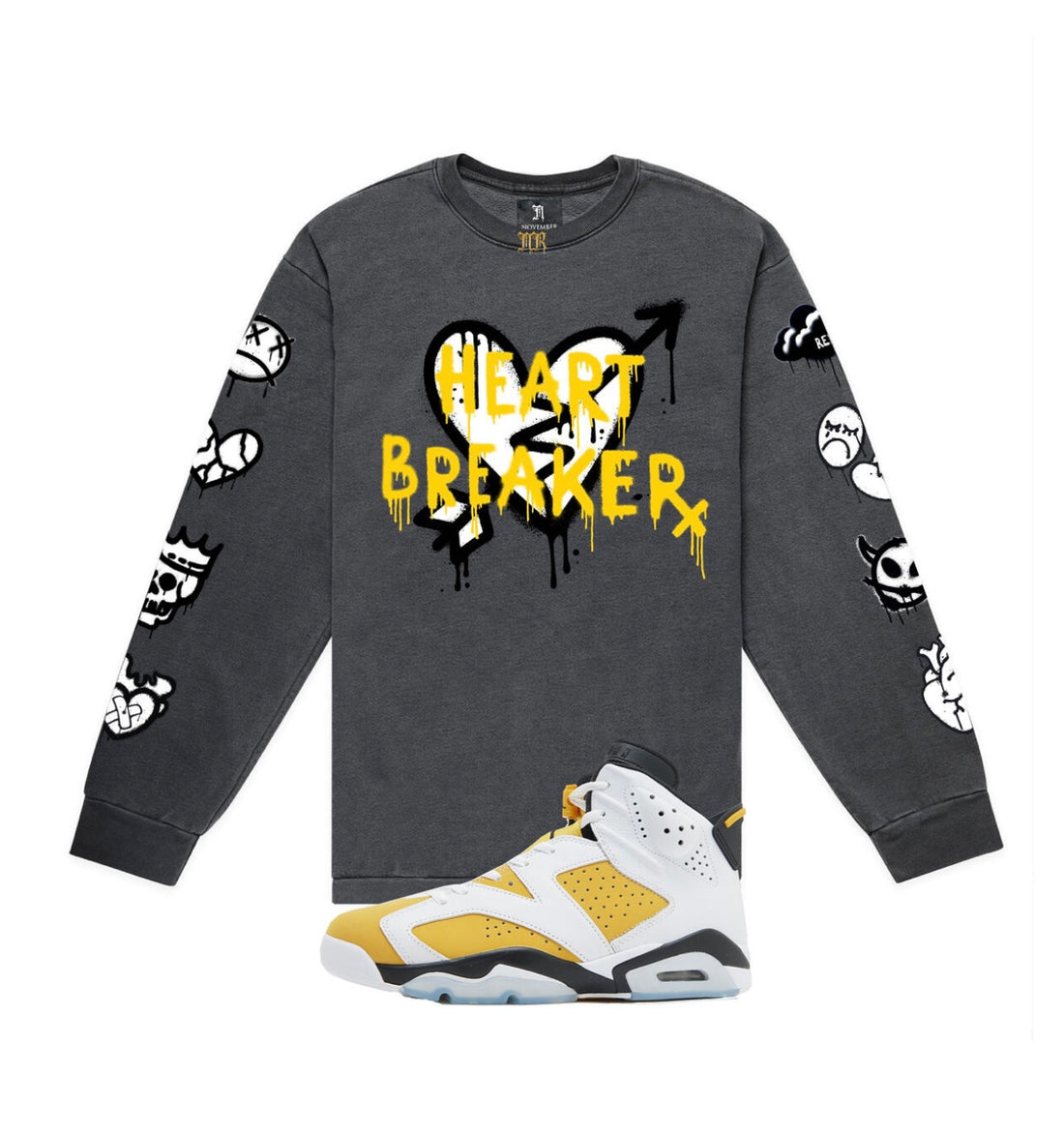 NOVEMBER REINE "HEART BREAKER" HEAVYWEIGHT LONG SLEEVE TEE GREY WHITE YELLOW