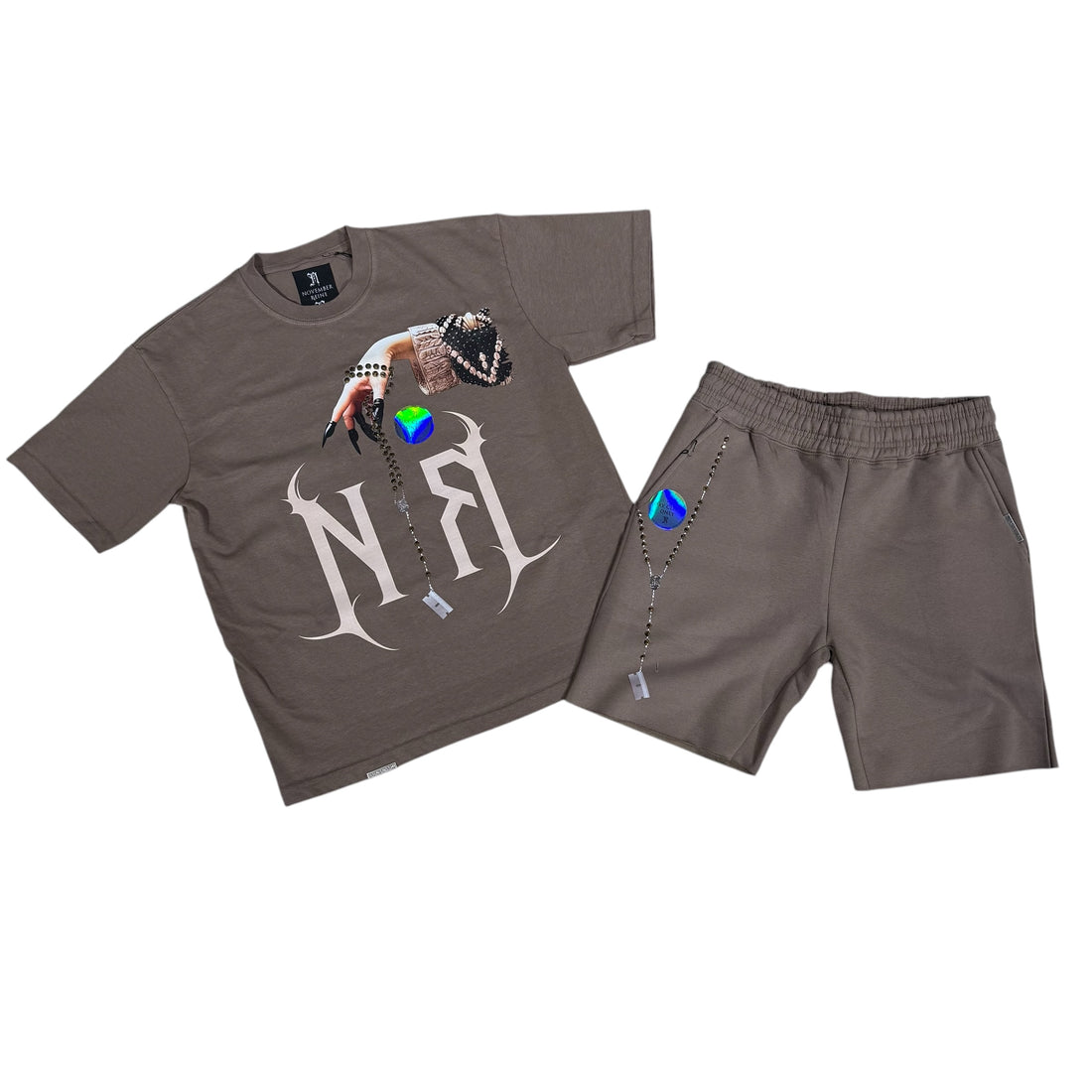 NOVEMBER REINE "RAZOR SHORT SET" LUXURY HEAVYWEIGHT TEE TAUPE AND GOLD ("RAZOR" LUXURY HEAVYWEIGHT TEE TAUPE AND GOLD)