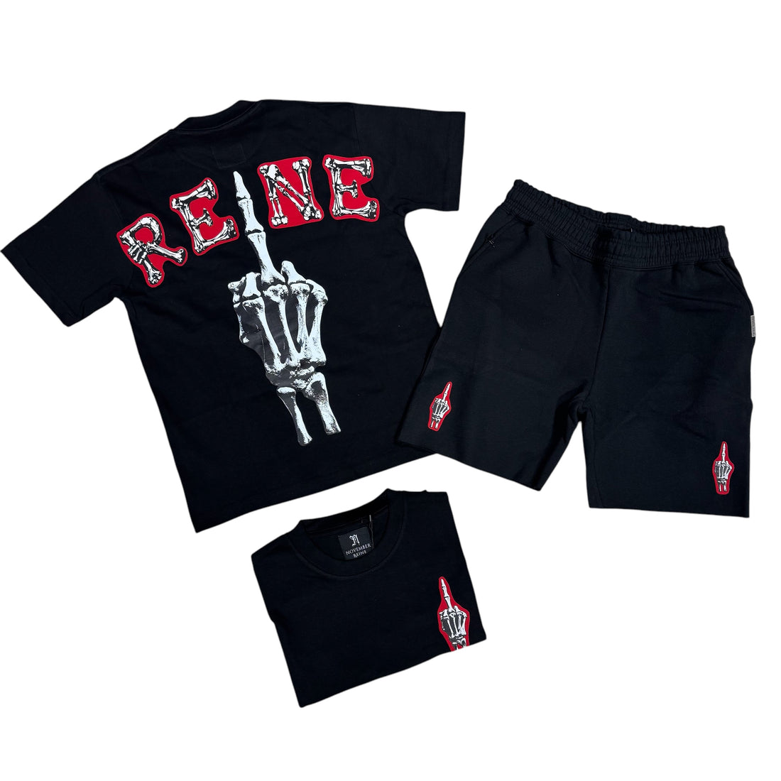 NOVEMBER REINE "REINE SKELETON PATCHWORK SET" LUXURY HEAVYWEIGHT TEE BLACK AND RED ("REINE SKELETON PATCHWORK" LUXURY HEAVYWEIGHT TEE BLACK AND RED)