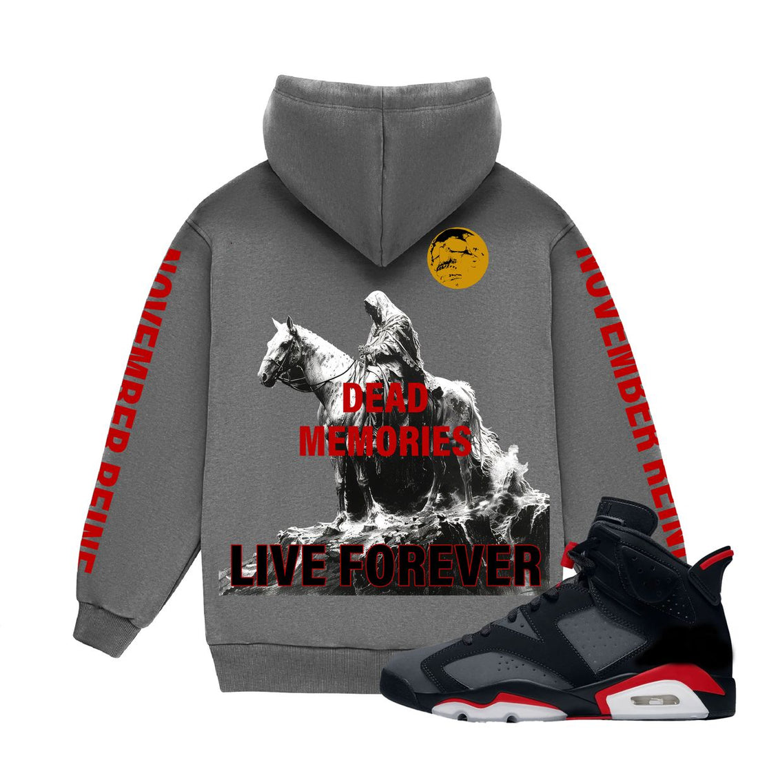 NOVEMBER REINE "DEAD MEMORIES LIVE FOREVER" LUXURY MEGA HEAVYWEIGHT HOODIE PIGMENT DYED GREY
