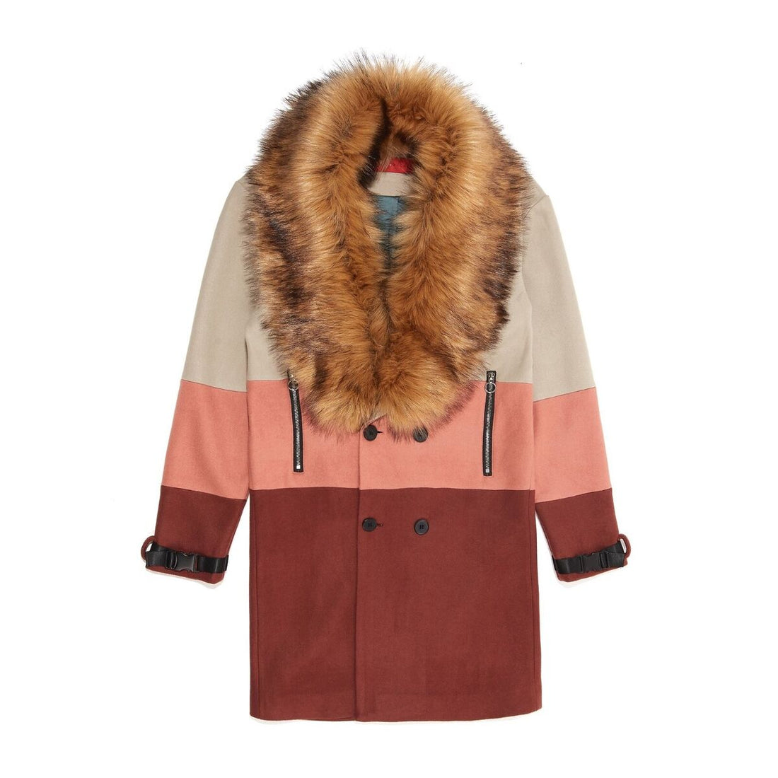 VIE RICHE PARIS REMOVABLE FUR 3 TONE OVERCOAT IN BEIGE-CLAY