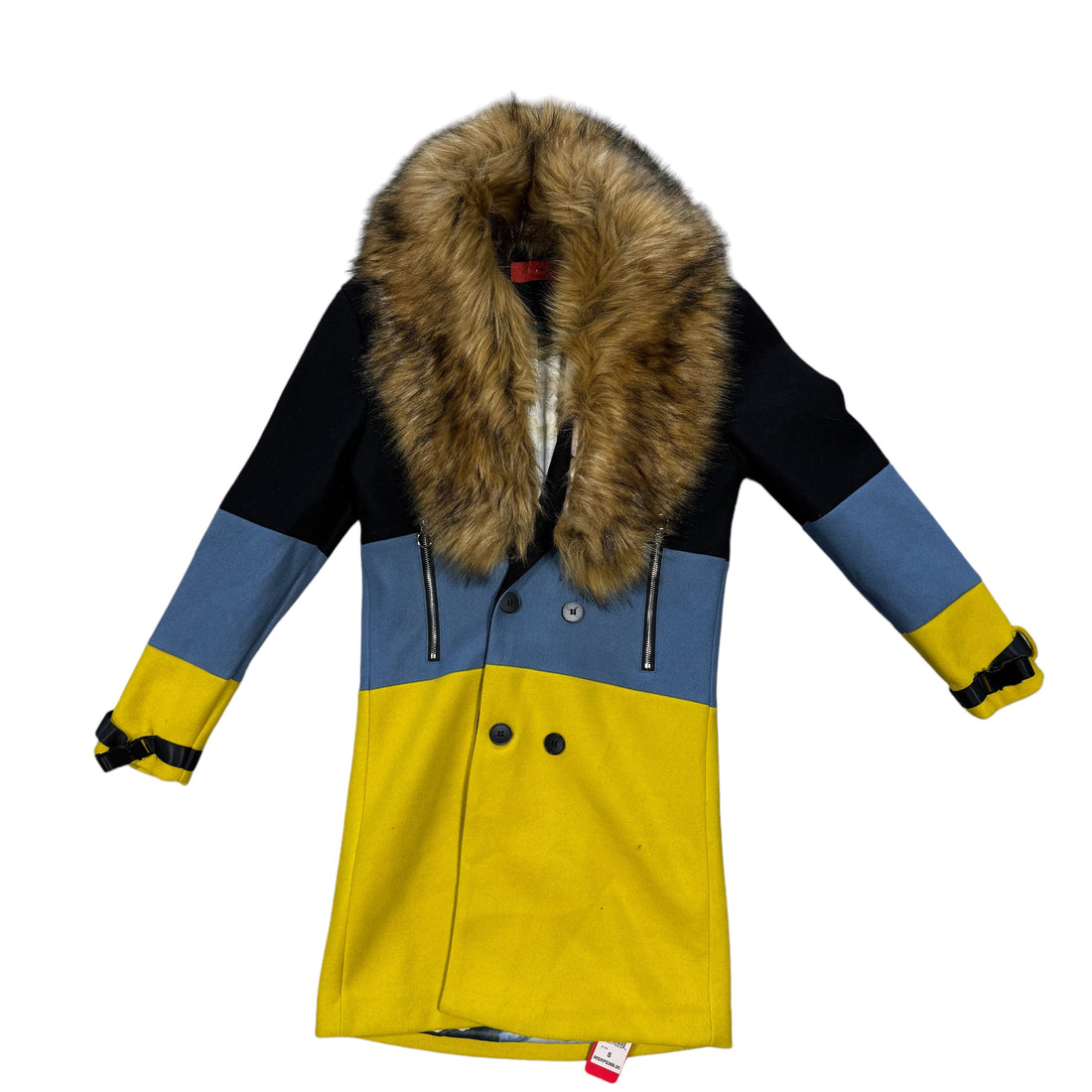 VIE RICHE PARIS REMOVABLE FUR 3 TONE OVERCOAT IN BLUE-YELLOW