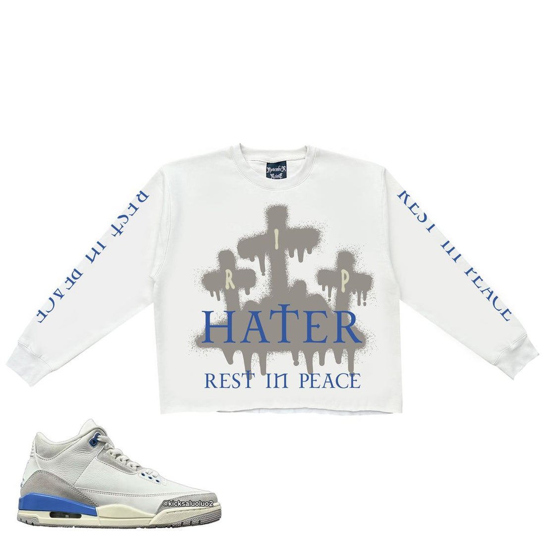 NOVEMBER REINE "HATER REST IN PEACE" LUXURY HEAVYWEIGHT CREW NECK SWEATSHIRT LIGHT GREY AND BLUE