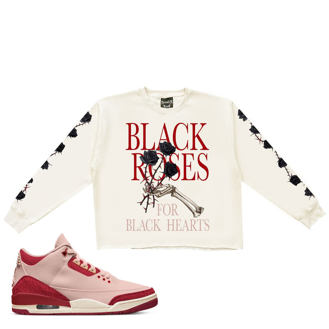 NOVEMBER REINE "BLACK ROSES FOR BLACK HEARTS" LUXURY HEAVYWEIGHT CREW NECK SWEATSHIRT CREAM RED PINK