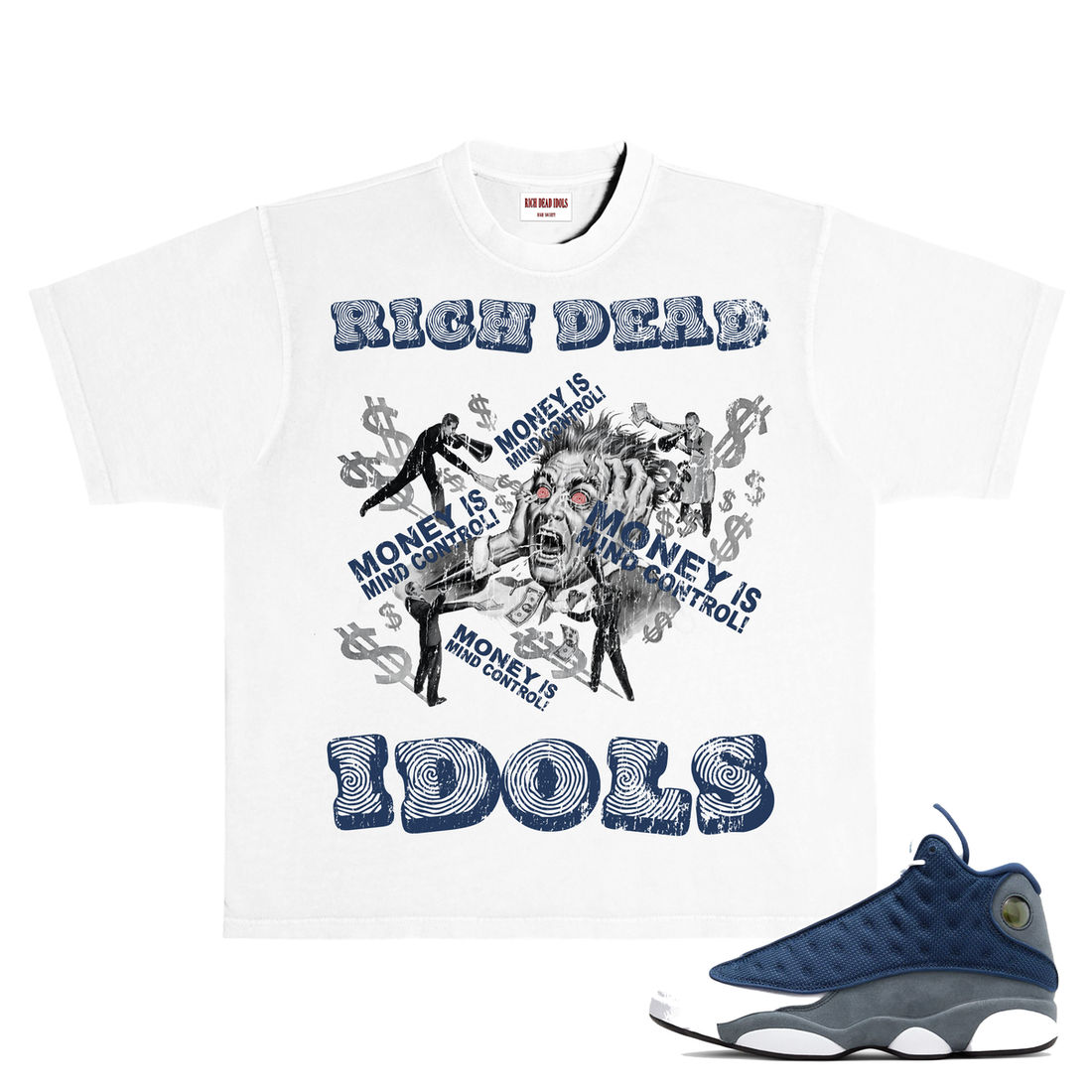 RICH DEAD IDOLS MONEY IS MIND CONTROL" T-SHIRT WHITE AND BLUE
