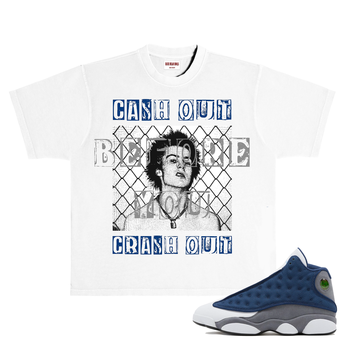 RICH DEAD IDOLS CASH OUT BEFORE YOU CRASH OUT" T-SHIRT WHITE AND BLUE