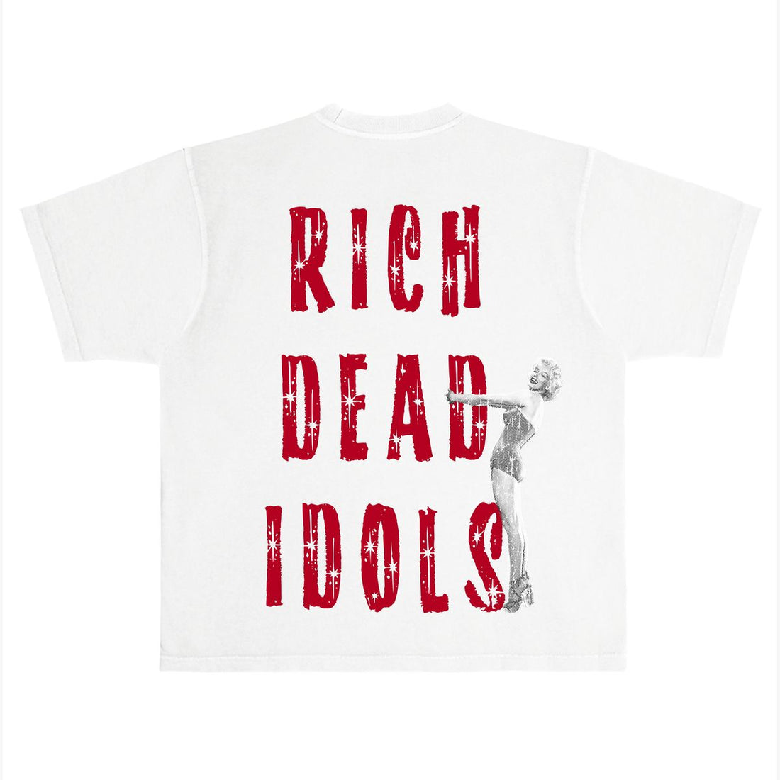 RICH DEAD IDOLS RICH SEX AND BIG CHECKS" T-SHIRT WHITE AND RED