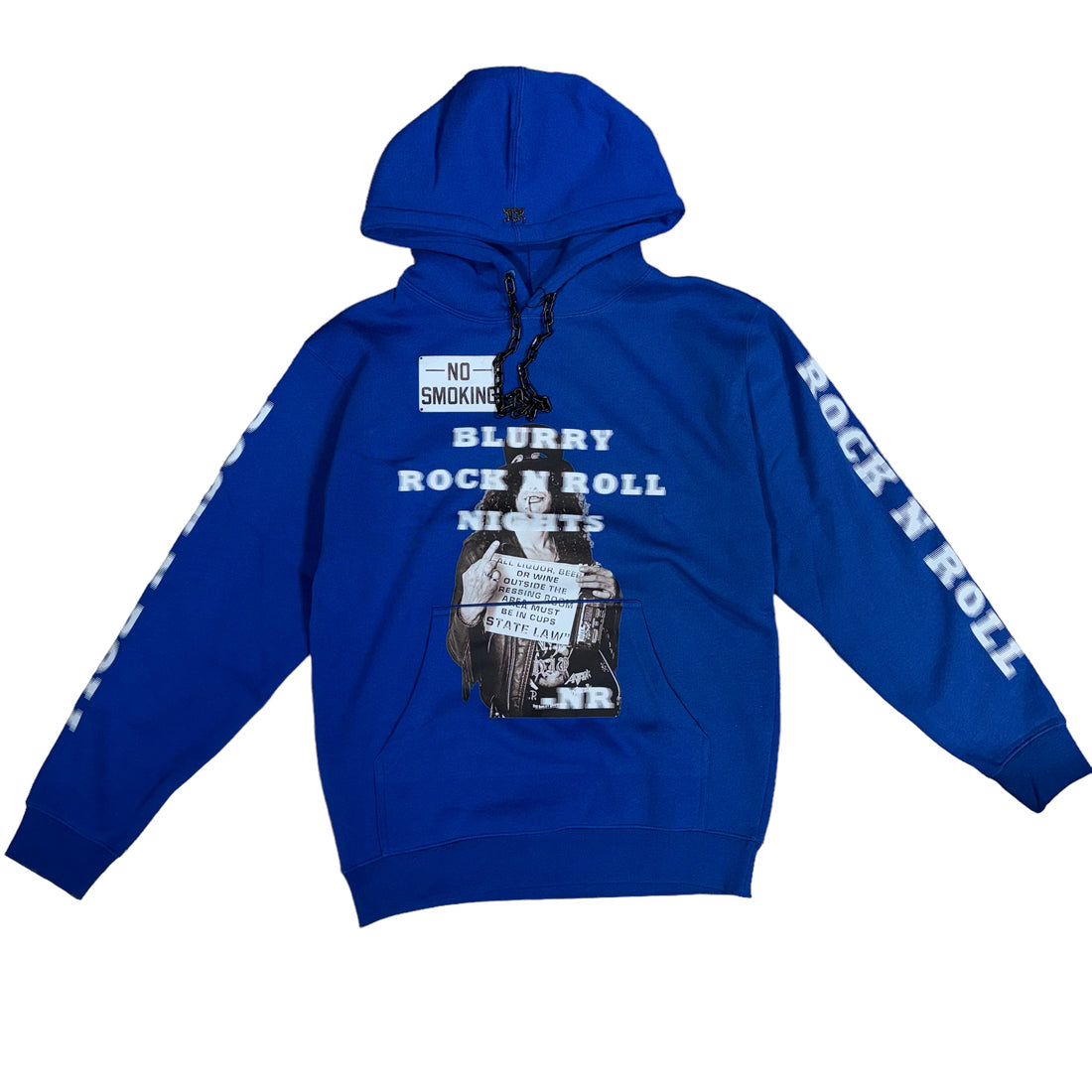 NOVEMBER REINE "BLURRY ROCK N ROLL NIGHTS" HEAVYWEIGHT CHAIN HOODIE PIGMENT DYED BLACK AND BLUE