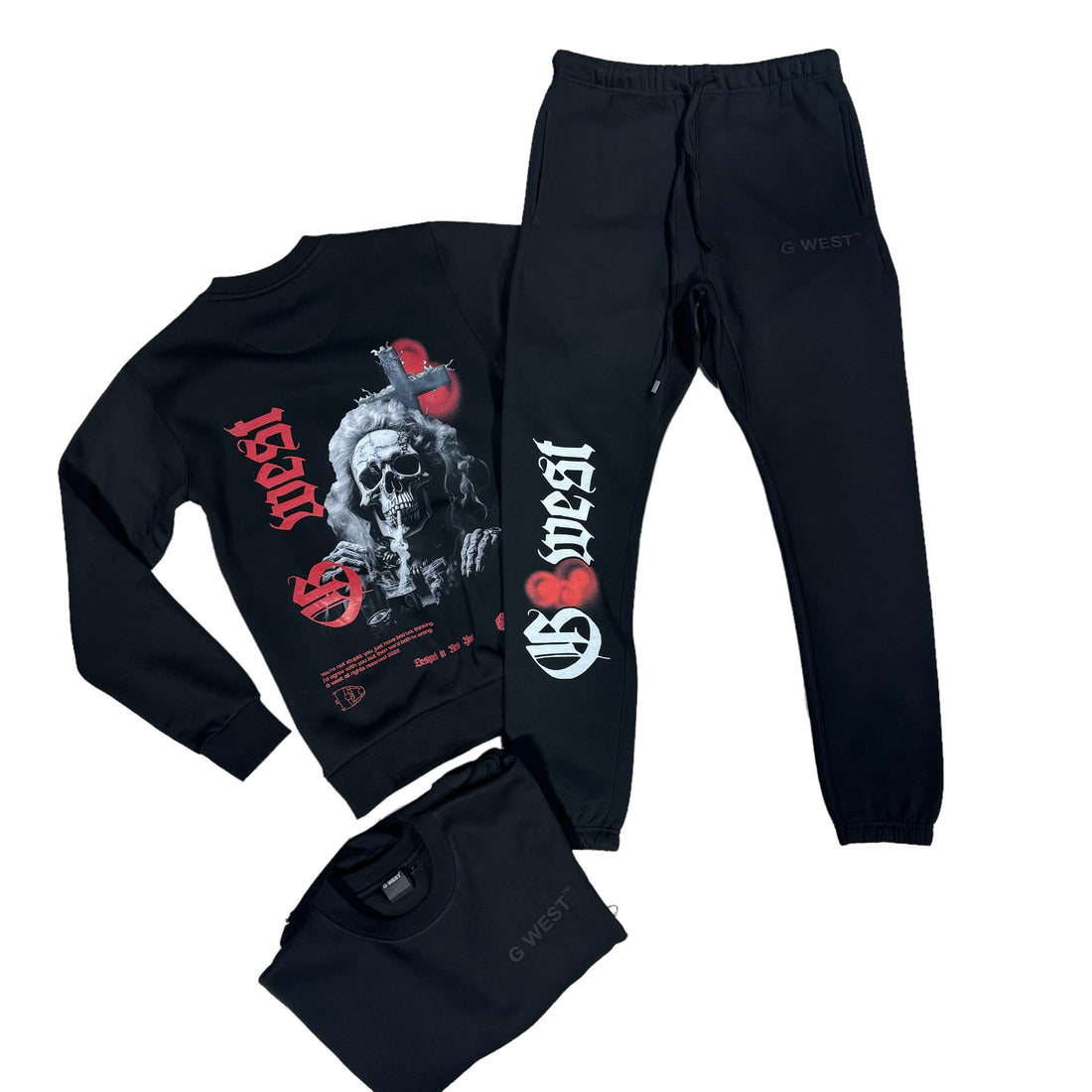 G West Smoke Skull Blk/Red Black Fleece Crewneck Jogging Suit With Invisible Zippers
