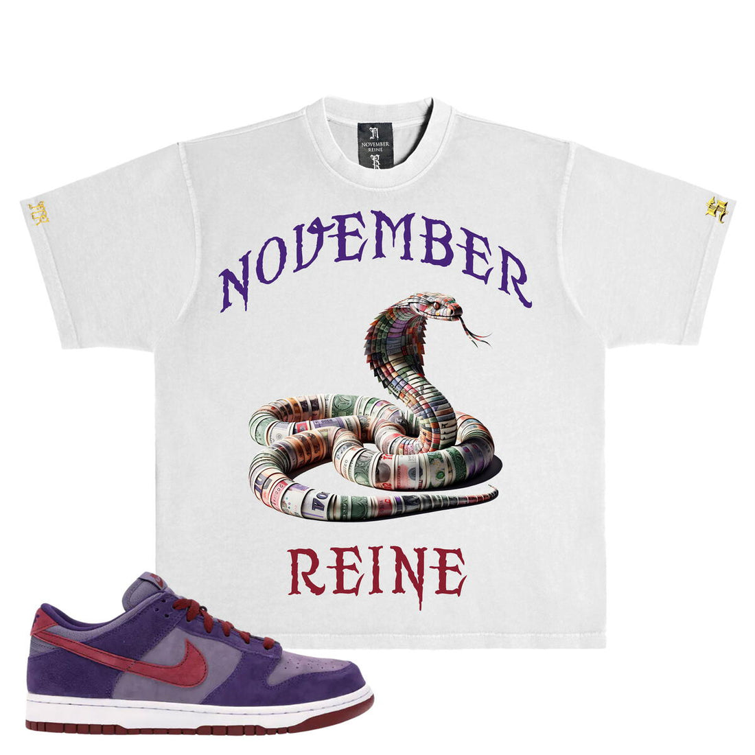 NOVEMBER REINE "$NAKE" HEAVYWEIGHT LUXURY T-SHIRT SILVER AND PLUM