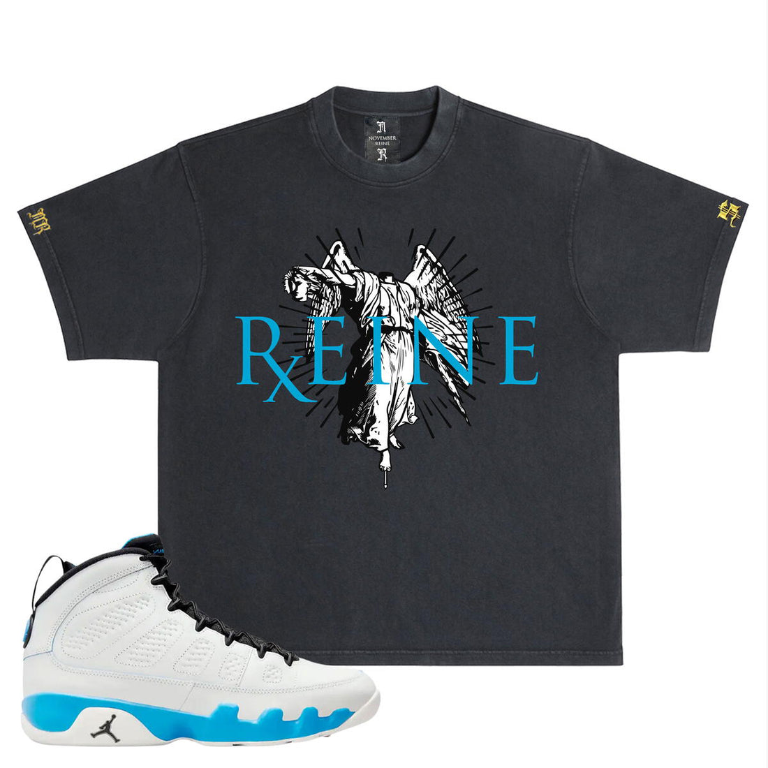 NOVEMBER REINE "ANGEL HOLDING HIS HEAD" HEAVYWEIGHT LUXURY T-SHIRT VINTAGE BLACK AND POWDER BLUE