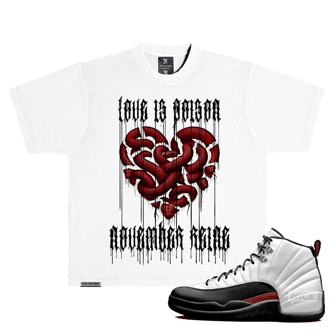 NOVEMBER REINE LOVE IS POISON" HEAVYWEIGHT LUXURY T-SHIRT WHITE BLACK DARK RED