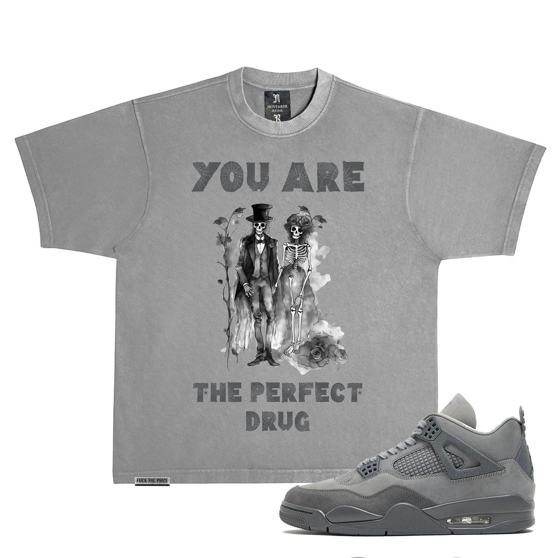 NOVEMBER REINE "THE PERFECT DRUG" HEAVYWEIGHT LUXURY T-SHIRT GREY ON GREY