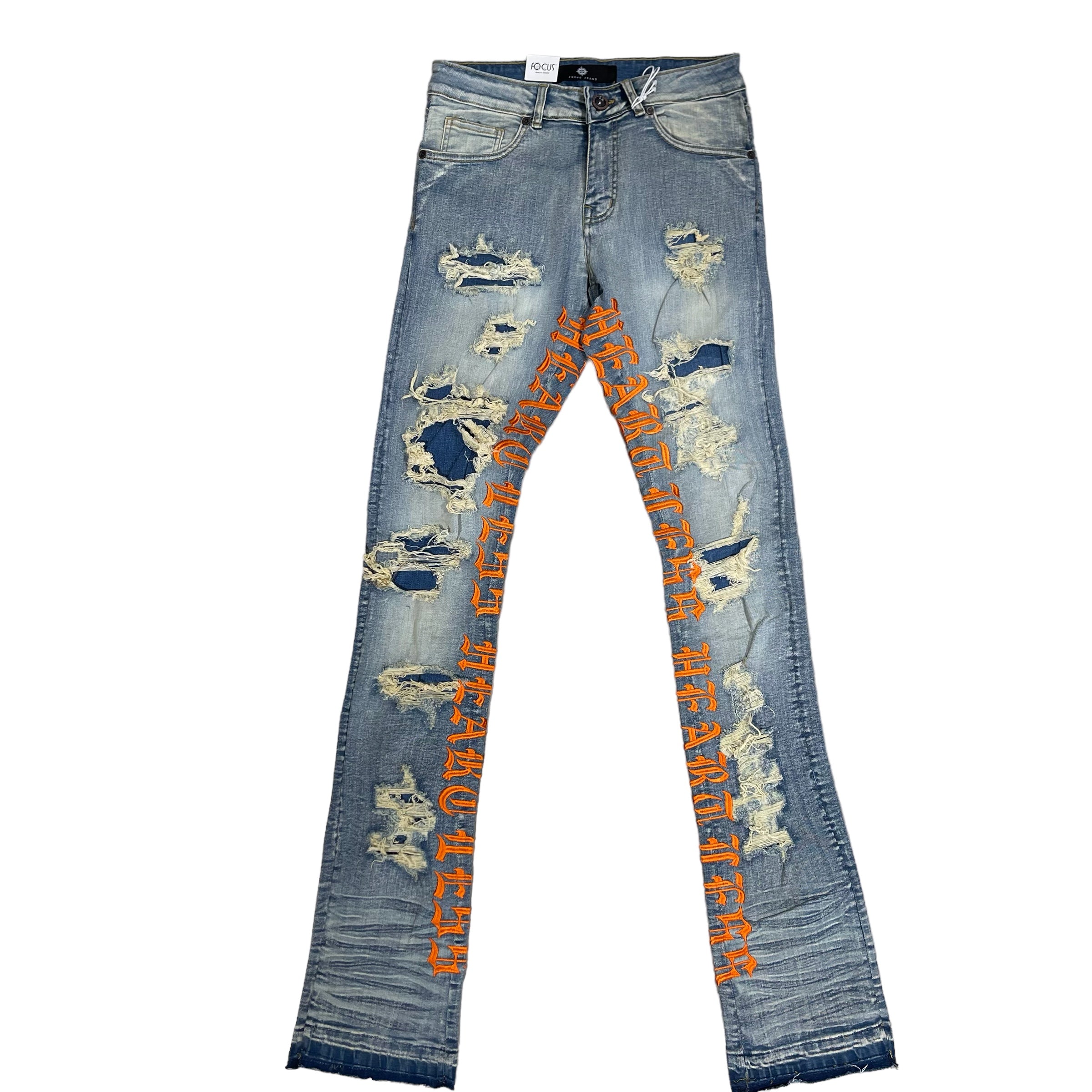 Focus Heartless Stacked Denim Jeans (Orange Letters) – Thredz